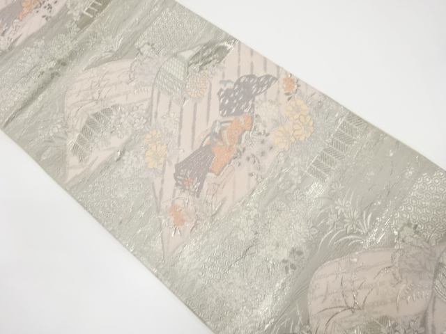 アンティーク　平安人物に草花模様織り出し袋帯（材料）